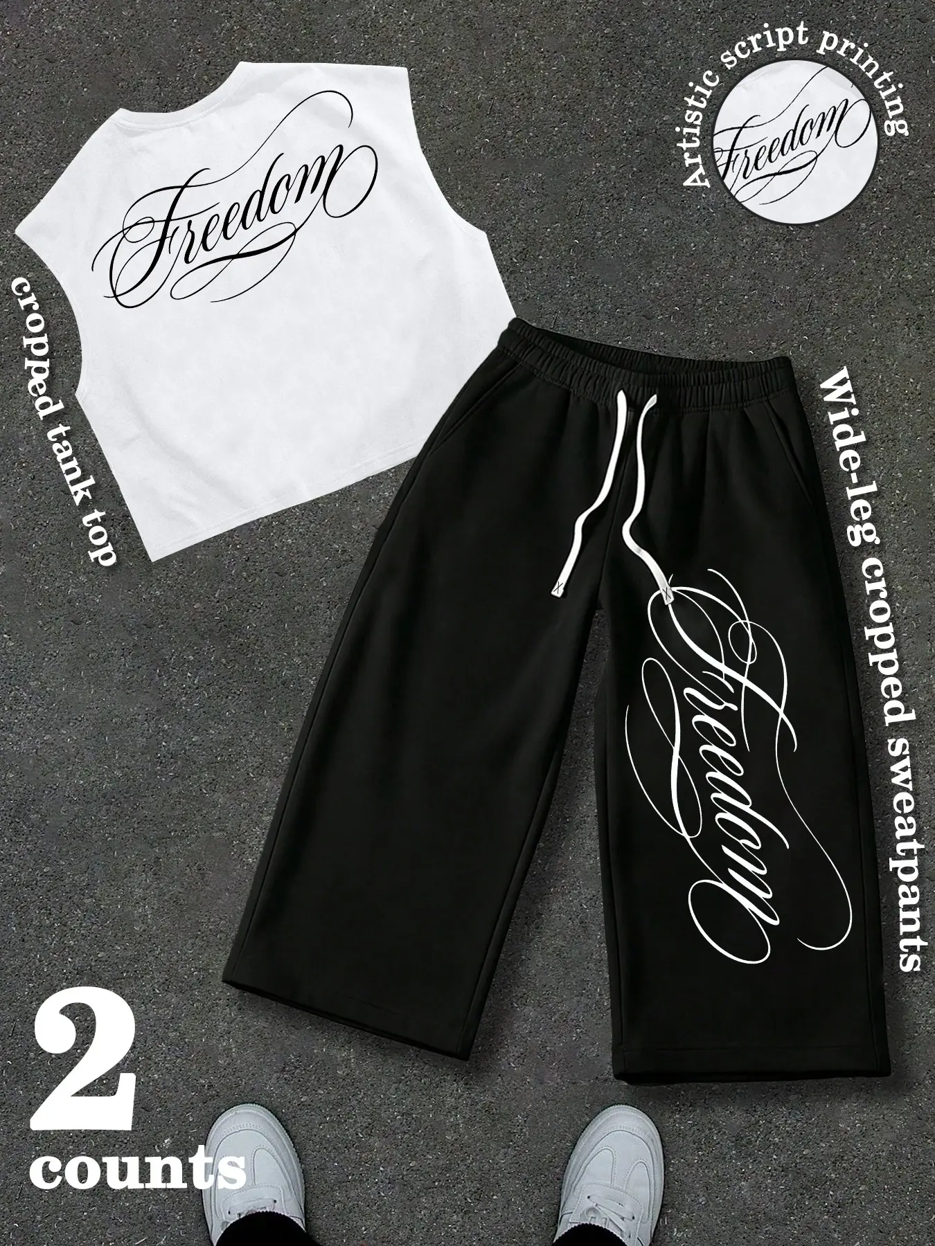 2 Piece Men's Outfit Set, White Cropped Sleeveless Tank Top & Black Wide Leg Cropped Sweatpants with Artistic Freedom Script Print, Casual Streetwear Activewear for Daily Wear, Lounge & Gym