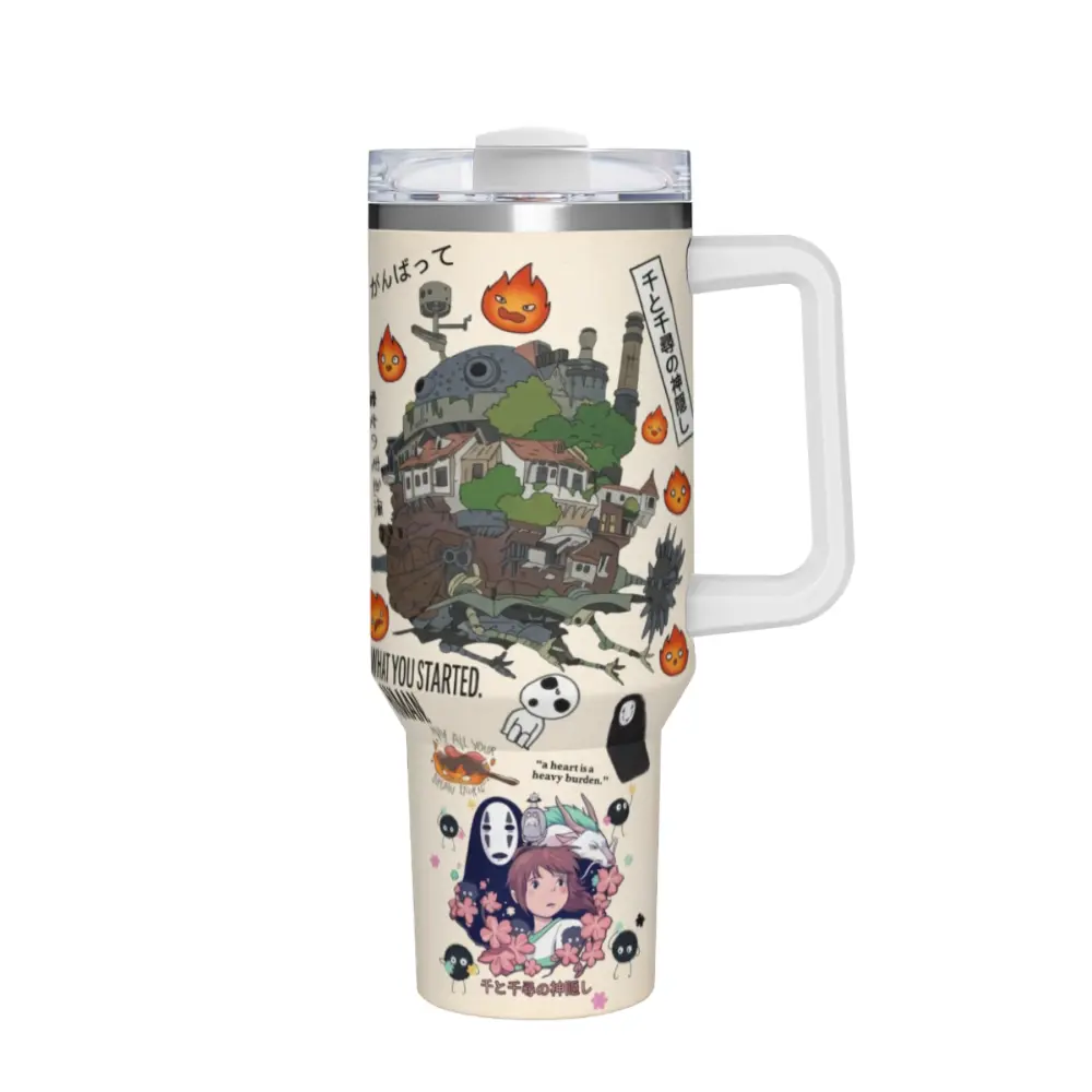 40oz Stainless Steel Insulated Jumbo Tumbler Mug - Studio Ghibli Refillable Drinkware with White Handle, Straw, Leak-Proof Lid, Totoro/Howl's Moving Castle/Spirited Away Designs, Portable Smoothie Flask, Perfect Fan Gift, Insulation