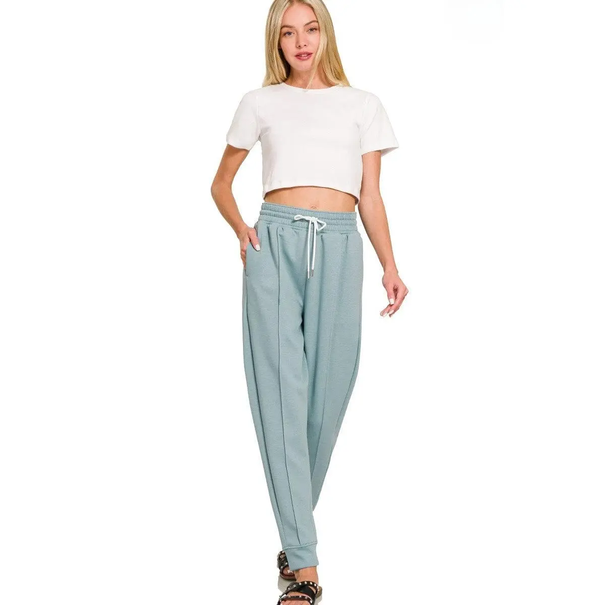 Zenana Women's Soft Scuba Joggers, Relaxed Fit Clothing for Casual Female Loungewear with a Drawstring Waist and Center Seam, Scuba Blend, Stretch Fabric