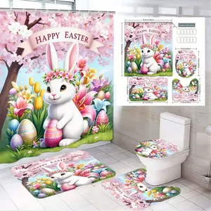 1/4pcs Easter Bathroom Set Shower Curtain 4 Piece - White Rabbit with Pink Flowers, Pastel Eggs, 'HAPPY EASTER' Banner, 2 Bath Mats + Toilet Cover, Spring Decor for Bathroom, Bathroom Decoration Accessories, Shower Curtain Sets