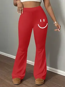Pattern Print Women's Bottoms Casual Slim Fit Flare Pants, Long Regular Length, Elastic Waist, Plain Pattern, Spring Autumn Winter Home Wear