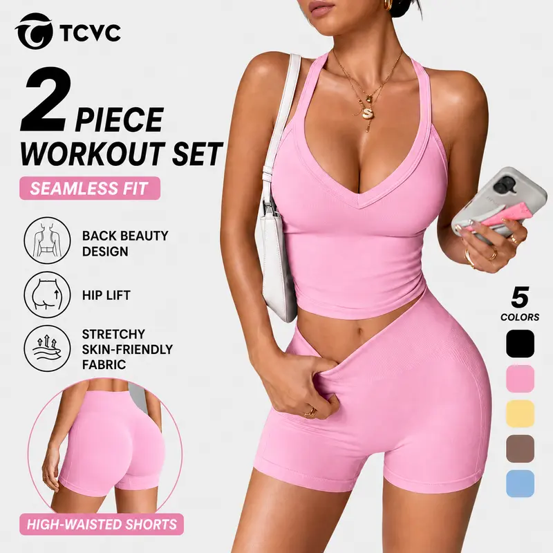 TCVC Women's Halter V‑Neck 2‑Piece Workout Set, Basic & Padded Bra Options, High Waist Shorts, Yoga Gym Summer Outfit
