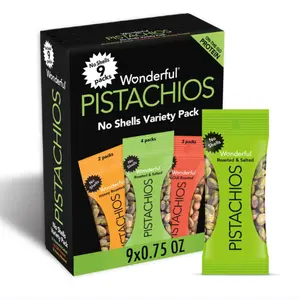 Wonderful Pistachios No Shells, 3 Flavors Mixed Variety Pack of 9 (0.75 Ounce), Roasted & Salted Nuts (4), Chili Roasted (3), Honey Roasted (2), Protein Snacks, Gluten Free, Pantry Staples, Healthy Snacks Variety Pack for Adults