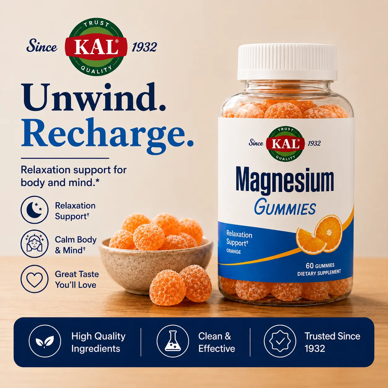 KAL Magnesium Citrate Gummies 60ct — Orange Vanilla Flavor — Mom Mineral Sleep Support
