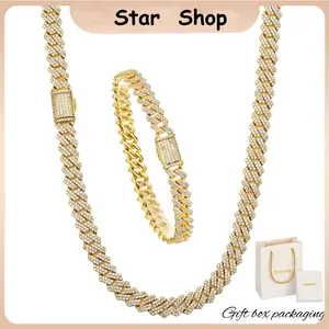【2Pcs Set】14K Vacuum-gold Plated 8mm Ice Out Miami Cuban Link Chain Hip Hop Necklace and Bracelet with 5A+ Canada Zircon CZ Jewelry Fashionable Accessory Valentines Gifts for GF Men Women unisex Monaco Mexico & Micro chains For Boyfriend Birthday Gift