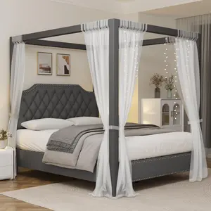 Canopy Bed Frame with Nailhead Decoration Headboard，Upholstered Bed Frame with Poles 4 Corner Bed Bracket,Solid Wood Slats Support,No Box Spring Needed,Noise Free Full Size Canopy Bed with Nailhead Decoration