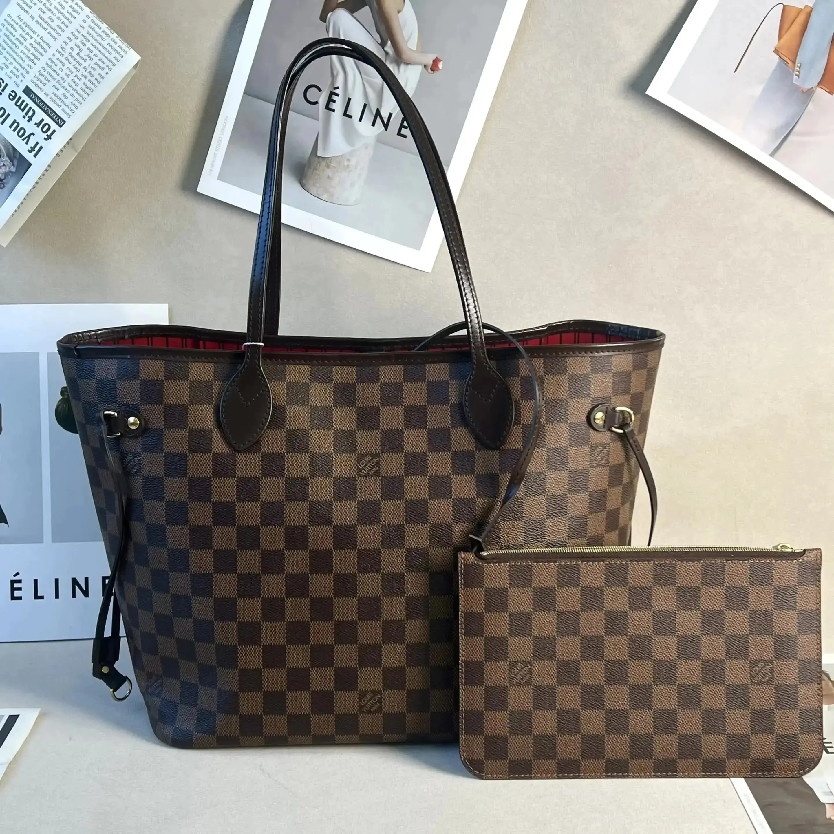 Pre-owned Louis Vuitton LV Neverfull Brown Checkered Coated Canvas with Cowhide Large Size 0720 dina/C8354243951