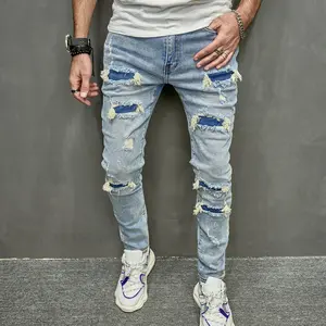 Men's Skinny Jeans Trousers Street Stylish Holes Patch Men Pencil Denim Pants Male Ripped Solid Slim Jeans Trousers Menswear Streetwear Casual