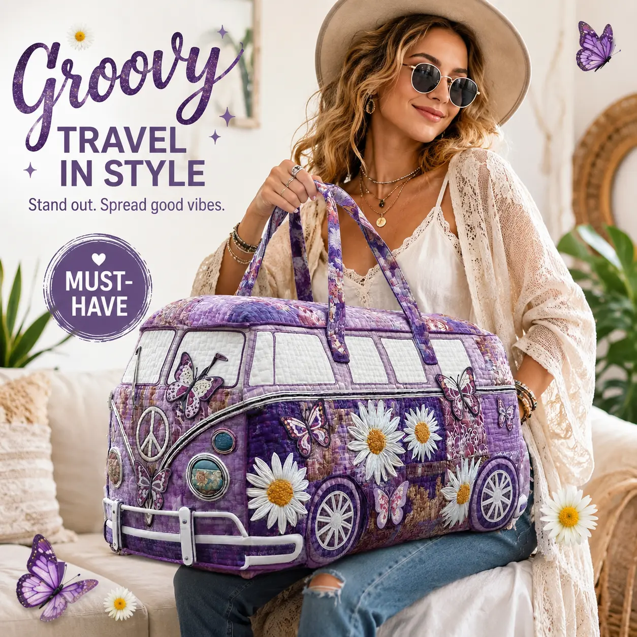 Purple Butterfly Daisy Quilted Duffel Bag for Women, Retro Hippie Van Weekender Travel Bag, Large Capacity Overnight Tote, Boho Floral Gym Bag for Camping, Road Trips, Vacation & Weekend Getaways