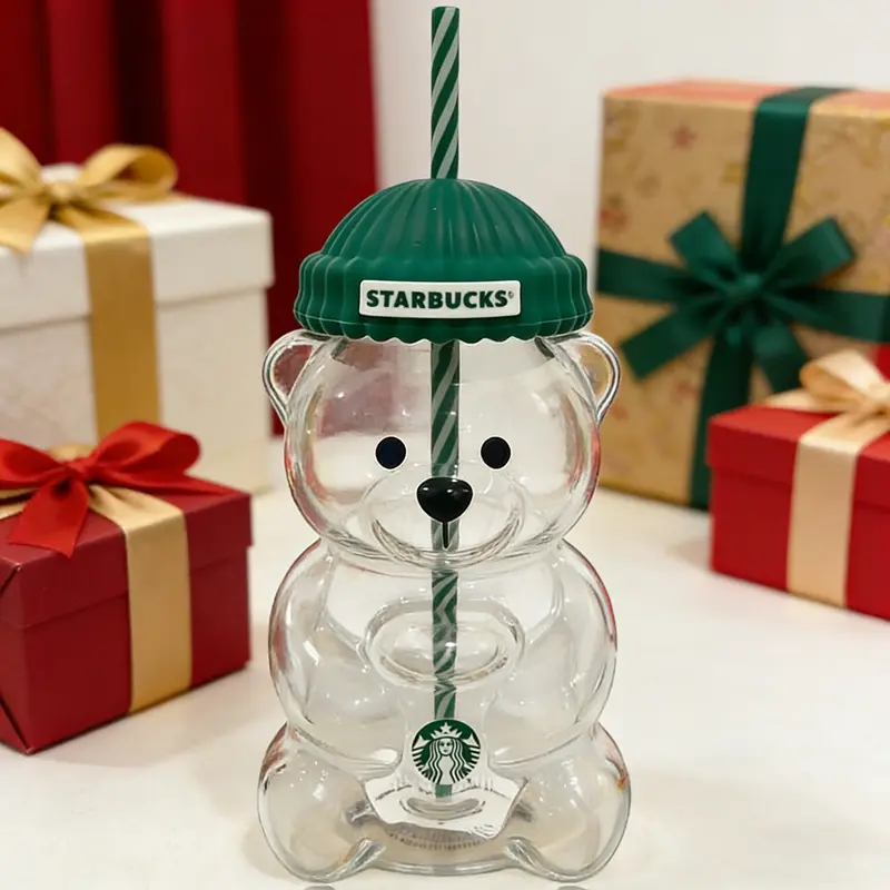 Bearista Teddy Bear Design Reusable Glass Tumbler - Premium Unisex Adults Cup with Green Bean-Shaped Lid, New Release Limited Edition Gift-Ready Washable Drinkware for Coffee, Juice (For Partners)