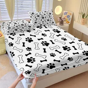 Dog Paw Print & Bone Non-Slip Bedding Set, 1 Fitted Sheet + 2 Pillowcases, Cute Black White Pet Themed Design, Soft Breathable Deep Pocket Mattress Cover, Wrinkle Resistant All Season Bed Sheets for Teens Adults Bedroom Dorm