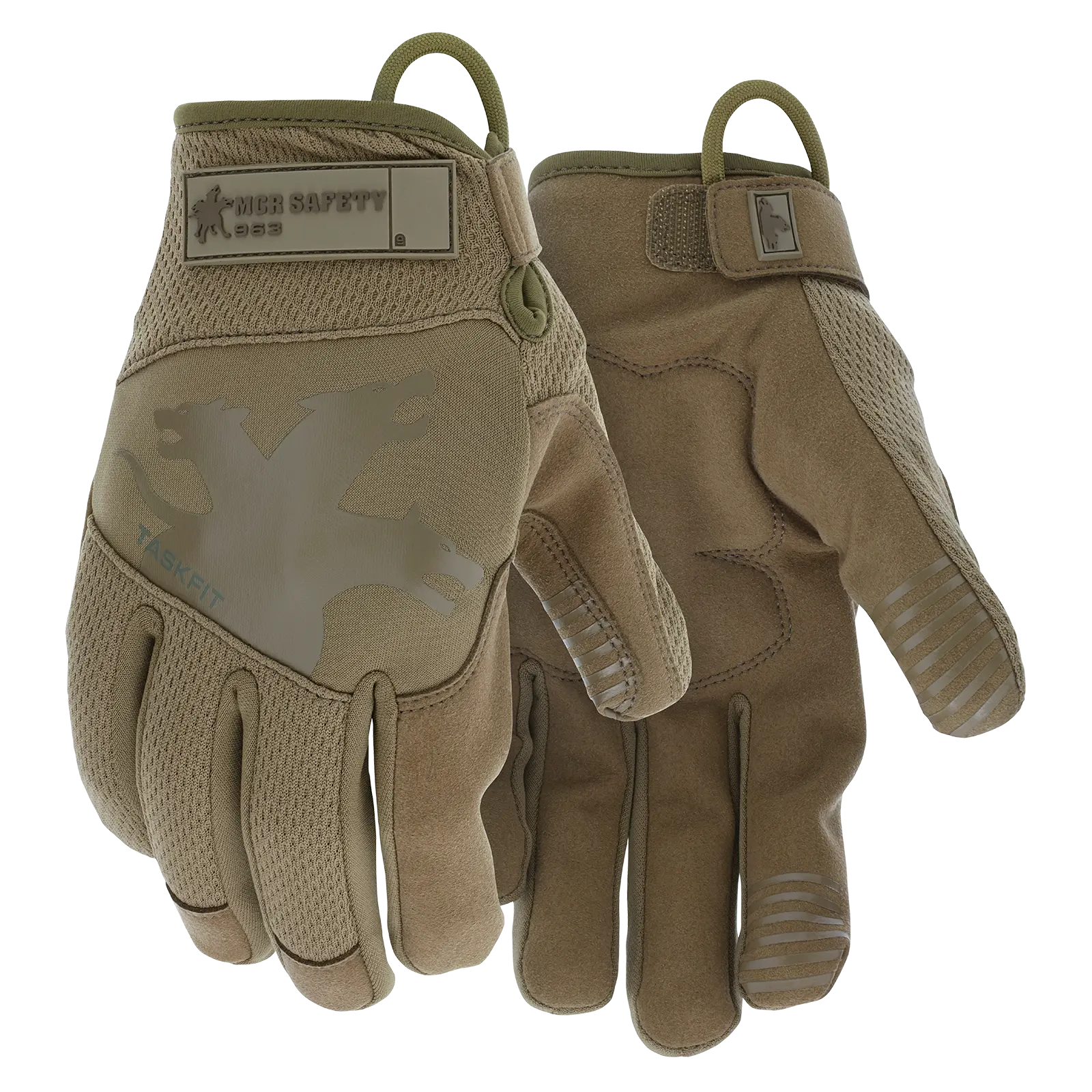 MCR "TaskFit" Mechanics style glove w/ Impact resistant padded palm. Military Tan with reflective logo on back.