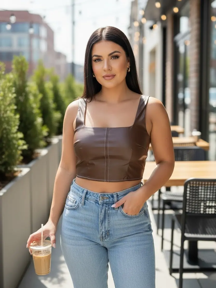 Endless Blu Faux Leather Square Neck Crop Top