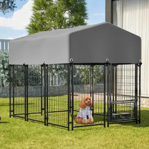 DOMISO Large Dog Kennel Outdoor with Roof, Heavy Duty Dog Crate with UV-Resistant Waterproof Cover, Double Lock & Rotating Feeder