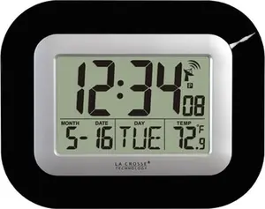 Atomic Multifunctional Alarm Clock - Wireless Radio-Controlled Digital Wall Clock with Indoor Temperature Display, Date, Black Home Decor Hanging Option, Digital Clock