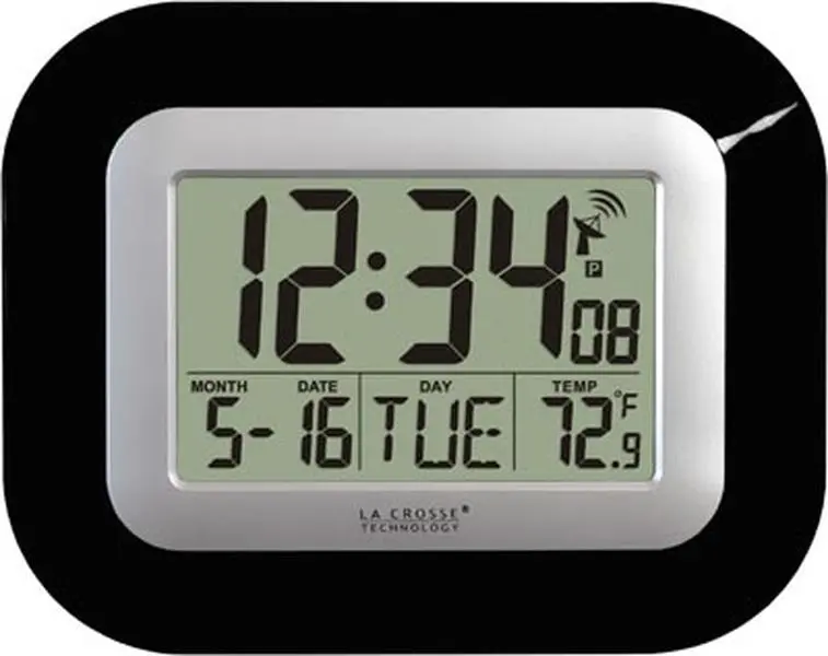 Atomic Multifunctional Alarm Clock - Wireless Radio-Controlled Digital Wall Clock with Indoor Temperature Display, Date, Black Home Decor Hanging Option, Digital Clock