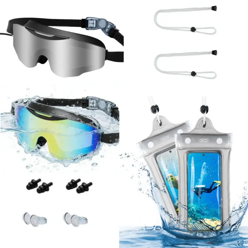 Swim Goggles and waterproof bags for Adults , Anti-Fog Full-Coverage, 3-Color UV Lens ,Waterproof Earplugs & Nose Clip,equipped with waterproof earplugs and nose clip, available in two colors, HD Wide-View 3-Color UV Lens, suitable for pool and beach.