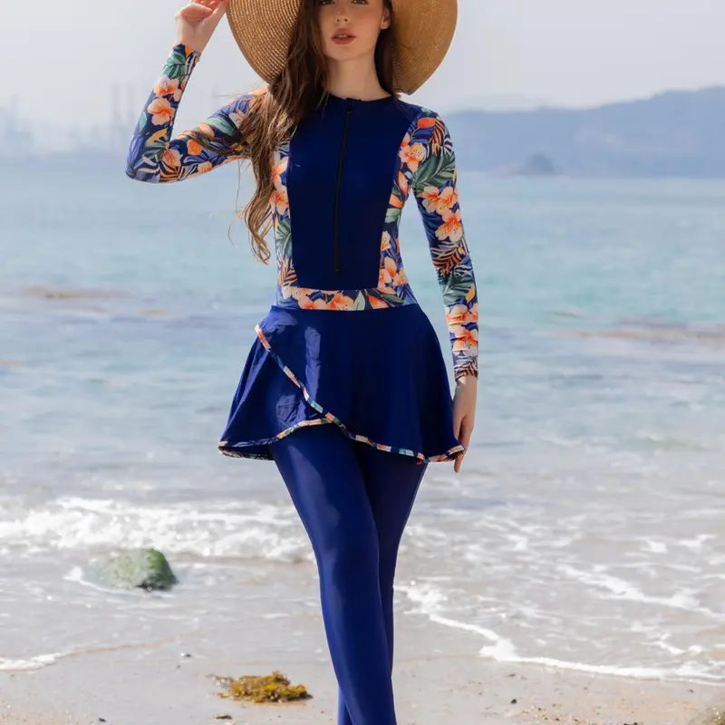 Women's Tropical Print Long Sleeve One-piece Swimsuit, Casual Sun Protection Swimwear for Beach Holiday Vacation, Ladies Swimsuit for All Seasons, Modest Swimming Wear Clothing