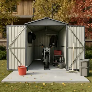 Motorcycle Outdoor Steel Shed, All-Weather Garage with Window, 5.52' L x 10.08' W x 6.64' H, Grey – Includes Track System and Hardware, Heavy Duty Lockable Storage for Motorcycles, Bicycles, Yard Equipment