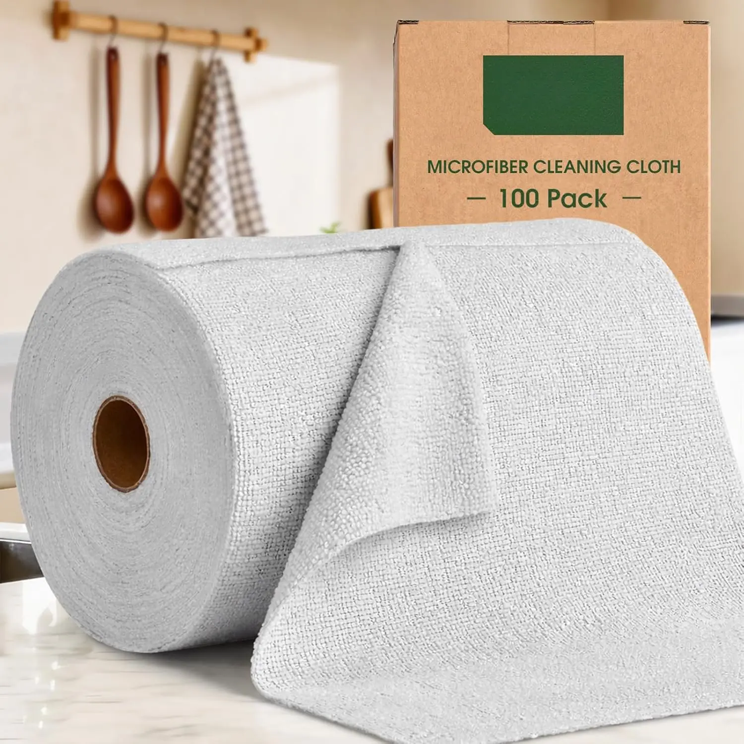 Microfiber Cleaning Cloth Roll - 100 Pack Wipe, Durable, Washable, Scratch-Free Home Cleaning Cloths for Kitchen, Glass, Dishes (Light Grey), Mess Free Cleanup