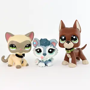 3PCS Cute Mini Animal Figures Set - Brown Great Dane, Grey Husky Puppy & Siamese Cat with Collar Accessories, Collectible Pet Toys for Kids & Display