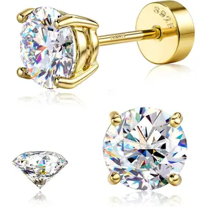 Moissanite Stud Earrings 2-7.5mm D Color VVS1 | S925 Silver 14K Gold Plated Flat Back Hypoallergenic Earrings for Cartilage, Helix, Tragus & Lobe