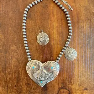 Western Turquoise Heart Horse Necklace & Earring Set