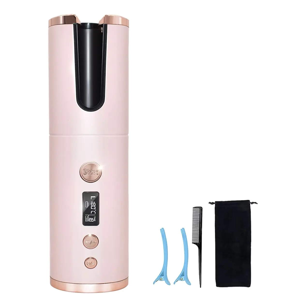 Cordless Automatic Hair Curler, Auto Curling Iron with LCD Display Adjustable Temperature & Timer, Ceramic Hair Curler USB Charging and Rechargeable, Portable Hair Styler for Travel (Pink)
