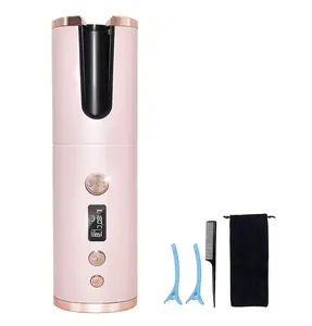 Cordless Automatic Hair Curler, Auto Curling Iron with LCD Display Adjustable Temperature & Timer, Ceramic Hair Curler USB Charging and Rechargeable, Portable Hair Styler for Travel (Pink)