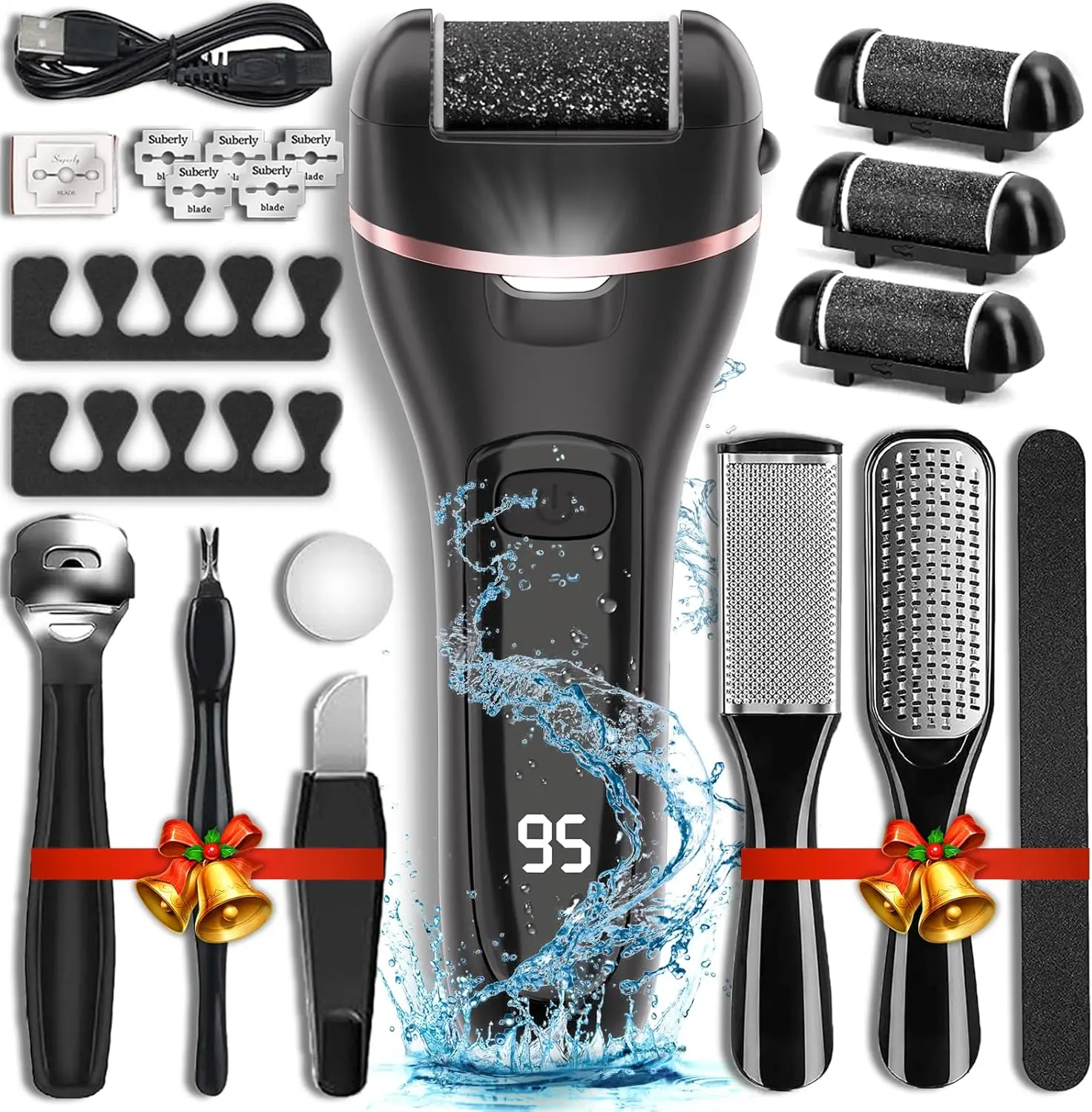 Electric Foot File Callus Remover for Feet, 17-in-1 Pedicure Kit with 3 Roller Heads, 2 Speed Settings, Rechargeable, IPX6 Waterproof for Wet & Dry Use, Removes Hard Calluses & Cracked Heels