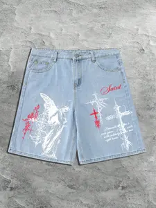Men's Summer Gothic Angel Cross Aesthetic Denim Shorts, Loose Fit Printed Denim Jeans with Saint Graphic Print, Dark College Streetwear for Daily Casual Wear