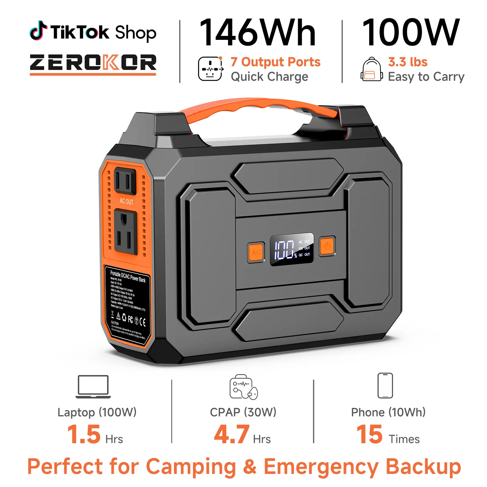 [ZeroKor] High Capacity Battery Portable Power Station Power Bank Charger, 2x100W AC Outlets, USB-C & QC Fast Charging, 7 Output Ports, Built-in LED Lamp for Camping, Home Emergency