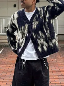 Men's Colorblock Print Button Front Cardigan, Loose Casual Drop Shoulder Long Sleeve V Neck Knitwear for Fall & Winter, Men's Knit Clothing for Daily Wear, Casual Chic Knitwear