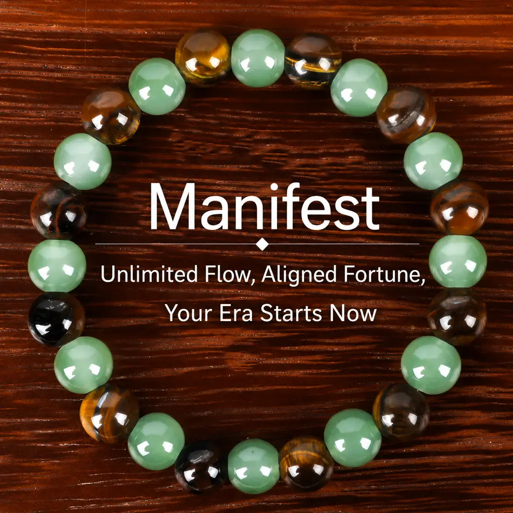 Women's Handmade Tiger Eye Stone-Green Aventurine Jade Beaded Bracelet, High-End Rare Stone Collectible Jewelry