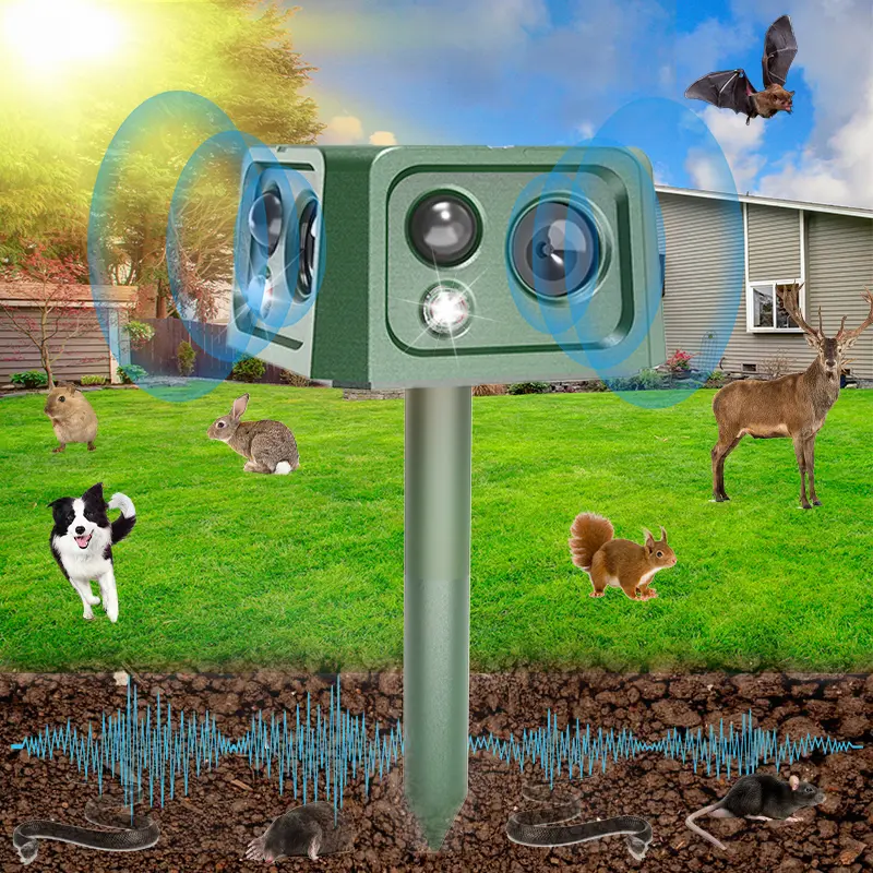 Solar Motion Sensor Animal Repellent, Ultrasonic Outdoor Pest Deterrent with Flashing LED Lights for Yard, Garden and Lawn Protection