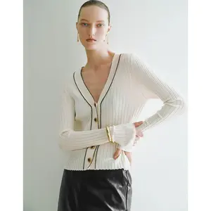 URBAN REVIVO Women's Spring New Arrival Skinny V-Neck Contrast-Trim Ribbed Knitted Cardigan UWG940030