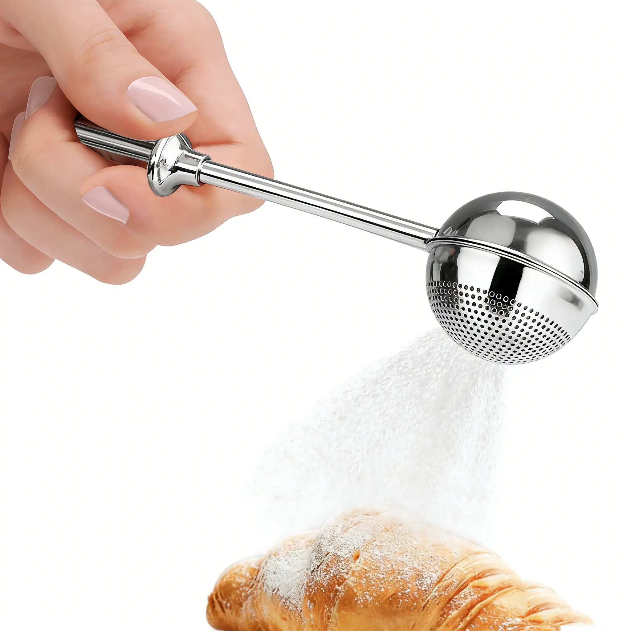 304 Stainless Steel Flour Duster, 1-Handed Operation Baking Utensil, Home Baking Supplies Bakeware for Flour Sifting, Powdered Sugar Dusting, Bread Making Kitchen Essentials
