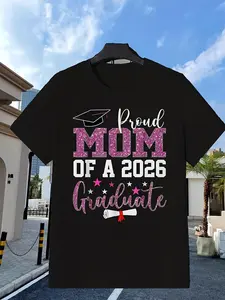 A Proud Mother of a Graduate from The Class of 2026, This Pink Glitter T-Shirt Features a Design with a Graduation Cap And Diploma, Perfect for Celebrating Graduation. It'S a Breathable Everyday Shirt Suitable for The Gym, Travel, Or Casual Wear