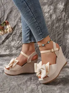 Women's Mia Hemp Bow Heeled Sandals, Summer New Arrival, Outdoor Anti-Slip Straw Thick Sole Open-Toe Buckle Sandals