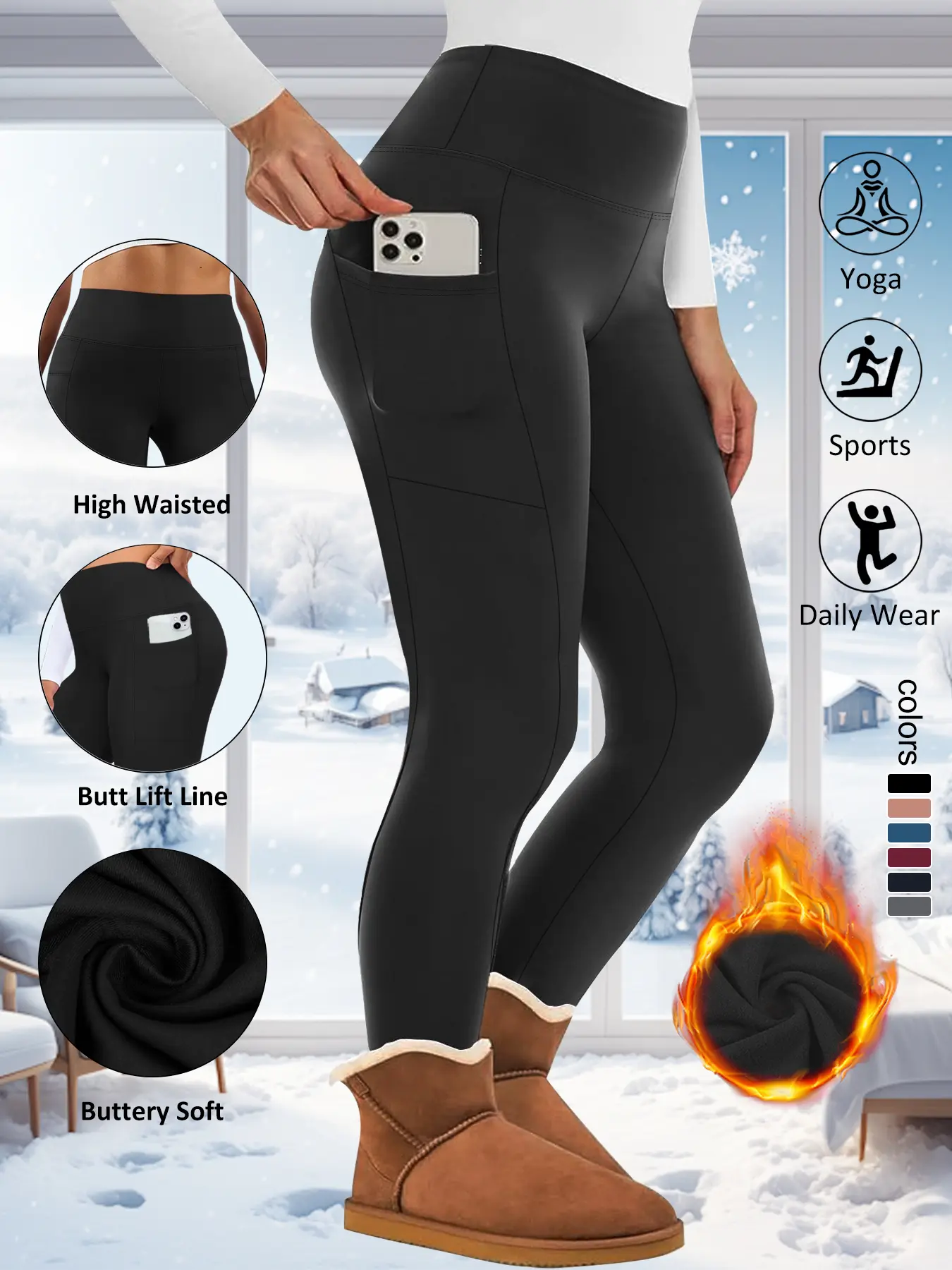 Women's Plus Size High-Waist Fleece-Lined Leggings, Thermal Stretchy Fit Winter Pants with Pockets, Warm for Daily Wear, Casual Piece