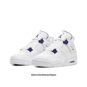 White Leather with Purple Metal Grille Mid-Top Retro Basketball Shoes