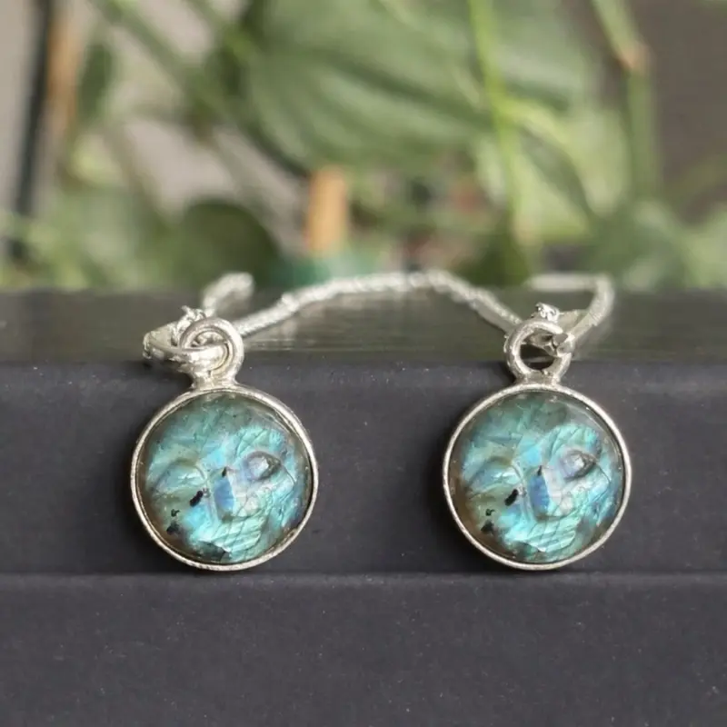 Small Labradorite carved moon face necklace for engagement/ wedding