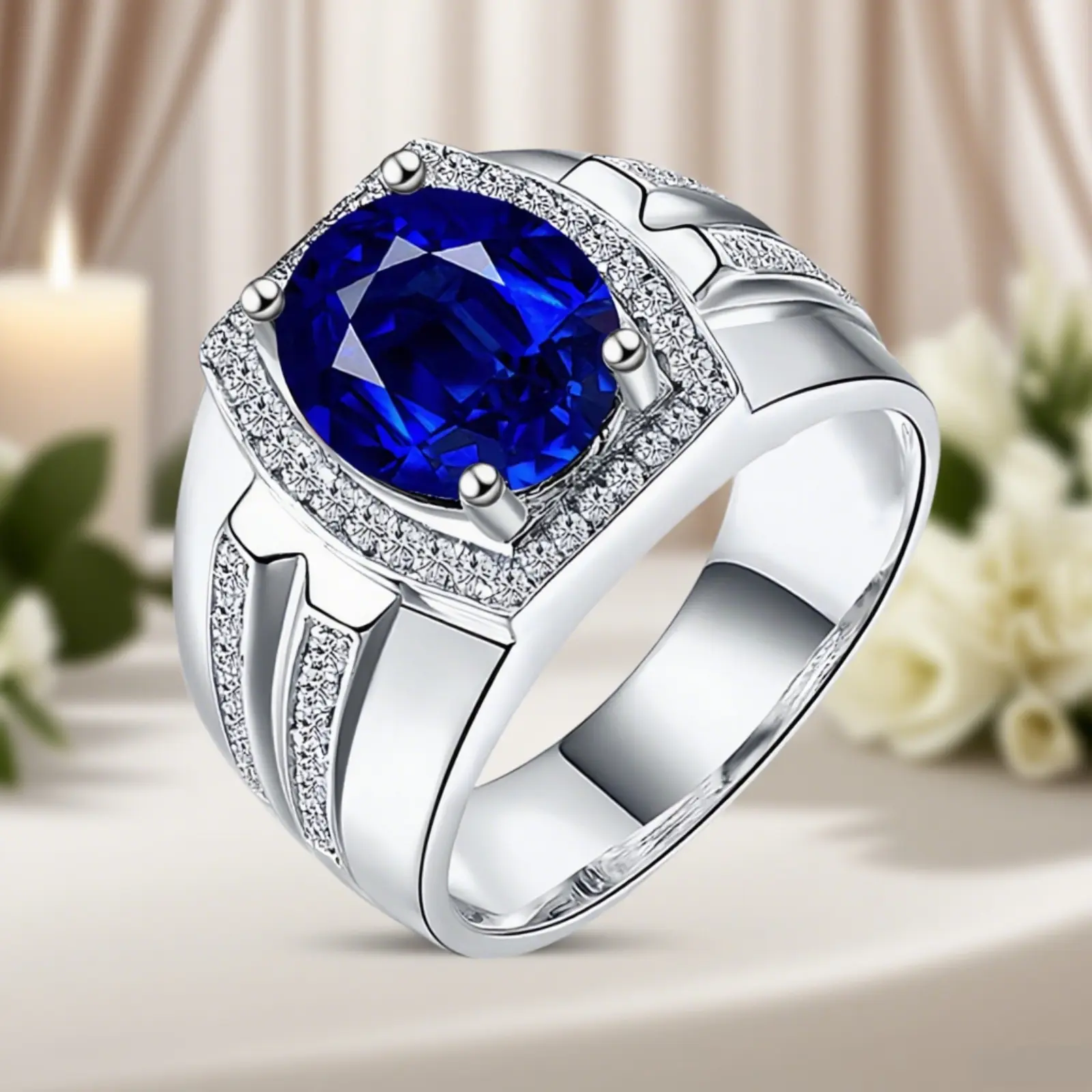 Blue Zircon Ring, Classic Engagement Ring, Fashionable and Simple Blue Synthetic Zircon Men's Ring, Anniversary Gift Elegant Ring