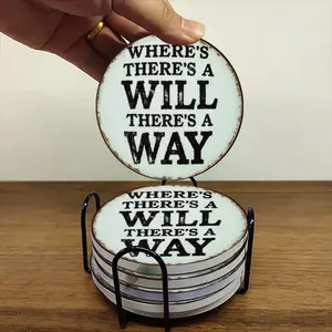 6-piece ceramic coaster set, featuring a vintage round sign with a rusty, resolute design. Heat-resistant, non-slip coasters with holders, perfect for home, dining, and as beverage mats.