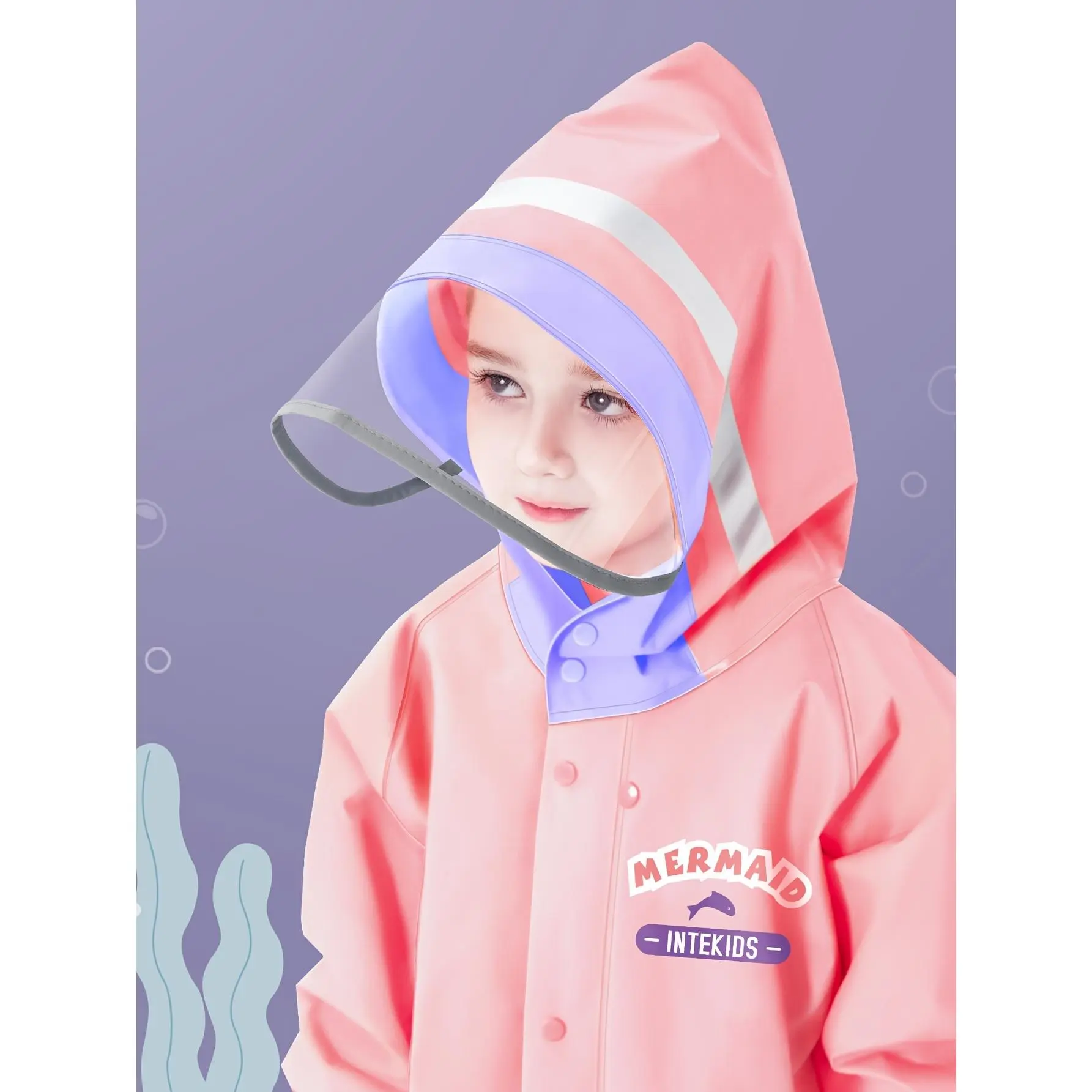 Girls' Pink Mermaid Print Raincoat, EVA Material, with Pockets, Large Hood, Zipper and Button Closure, Backpack Style, for Rainy Days, Outdoor Camping and Cycling, 1pc