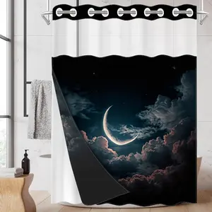 1pc hookless shower curtain with buckle lining, Ramadan silver moon, dark clouds, and starry sky design, 2D flat printing, fabric waterproof lining, see-through double-layer shower curtain, 71 x 74 inches, modern home draping curtain, Bathroom Curtain