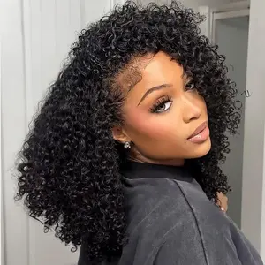 [BB Face] Kinky Curly Half Wig Human Hair 3 in 1 Glueless Wig for Black Women 180% Density with Drawstring Ponytail No Lace Seamless Flip Over Headband Wig Beginner Friendly