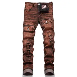 XIMXIMMTIAN Men's Straight Slim Fit Stretch Denim Jeans - Designer Moto Biker Distressed Jeans with Tear Details, Water Washed Retro 5-Pocket Menswear, All-Season Streetwear