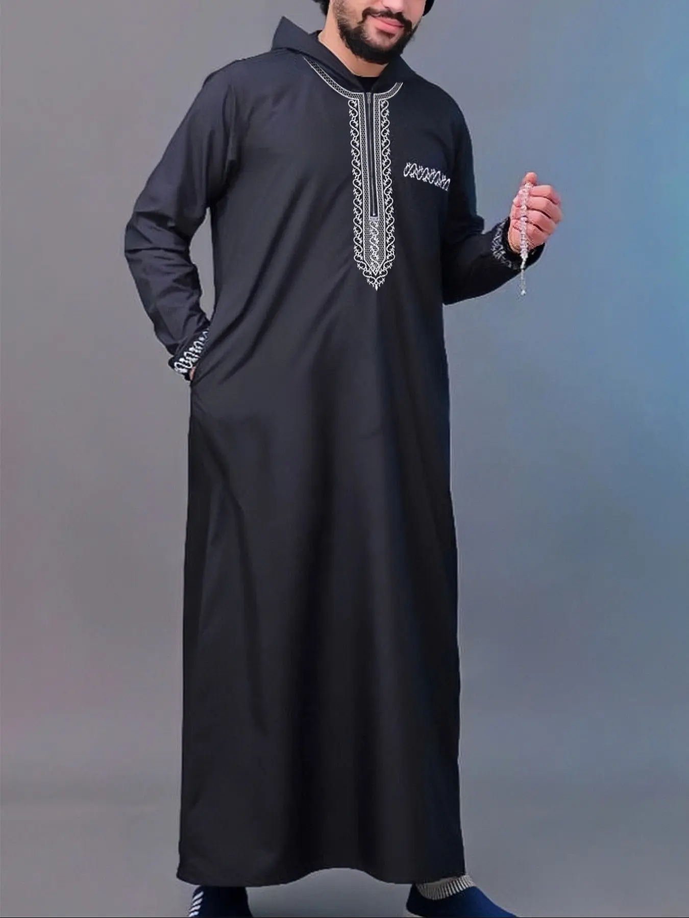 Men's Ethnic Pattern Embroidery Zipper Hooded Robe, Traditional Long Sleeve Pocket Jubba Thobe, Saudi Thobe for Daily Wear, Men's Islamic Clothing for All Seasons