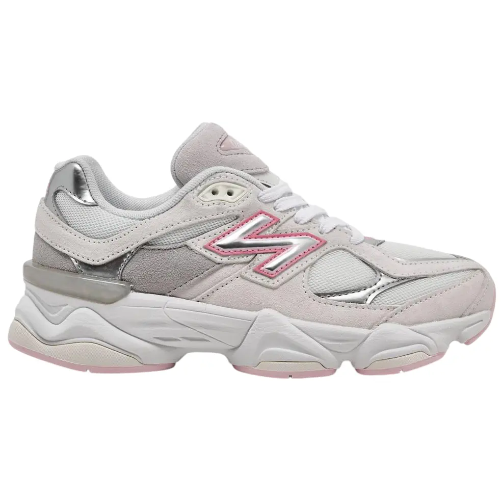 New Balance 9060 Chunky Trainers, Unisex Streetwear-Inspired Athletic Walking Shoes - Pink Metallic Grey & White Silver, Sports Shoes, Runner, Fabric, Retro Style, 90S Look, Casual Wear, Chunky Sneaker, Metallic Accents, Running, Training, Footwear, Athle